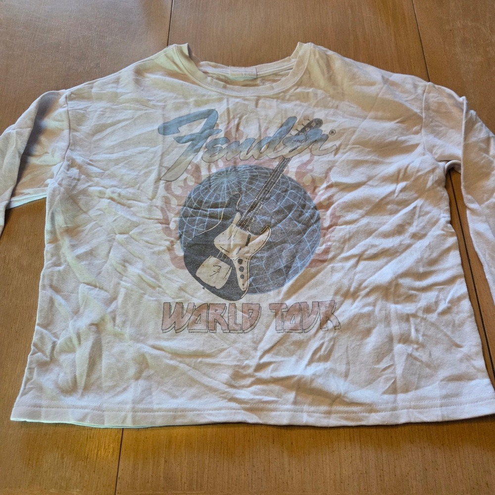 Fender World Tour White Graphic Long Sleeve Shirt XXL 18 Guitar Rock Music Tee